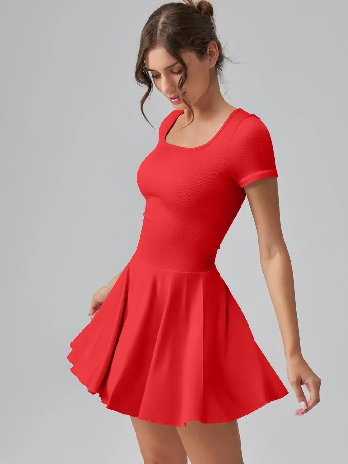 OQQ Women's Square Neck Ruffle Hem Mini Dress Summer Short Sleeve with Shorts Party Dresses