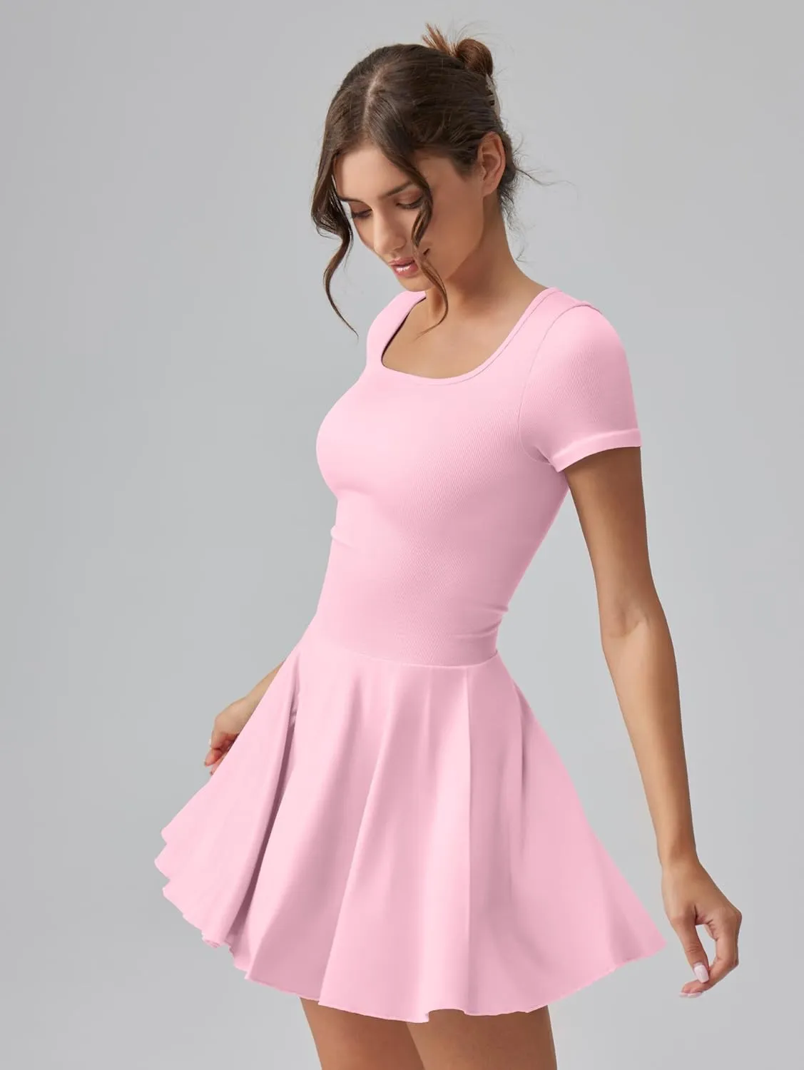OQQ Women's Square Neck Ruffle Hem Mini Dress Summer Short Sleeve with Shorts Party Dresses