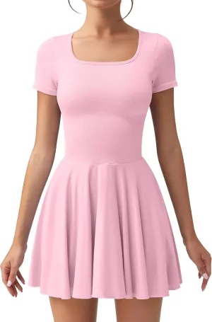 OQQ Women's Square Neck Ruffle Hem Mini Dress Summer Short Sleeve with Shorts Party Dresses