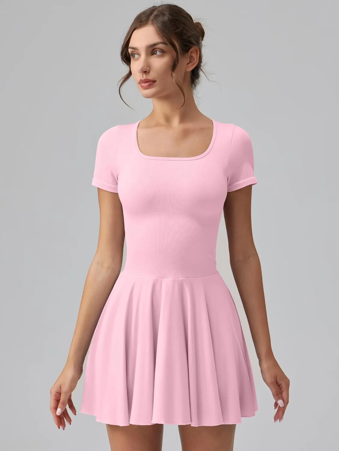 OQQ Women's Square Neck Ruffle Hem Mini Dress Summer Short Sleeve with Shorts Party Dresses