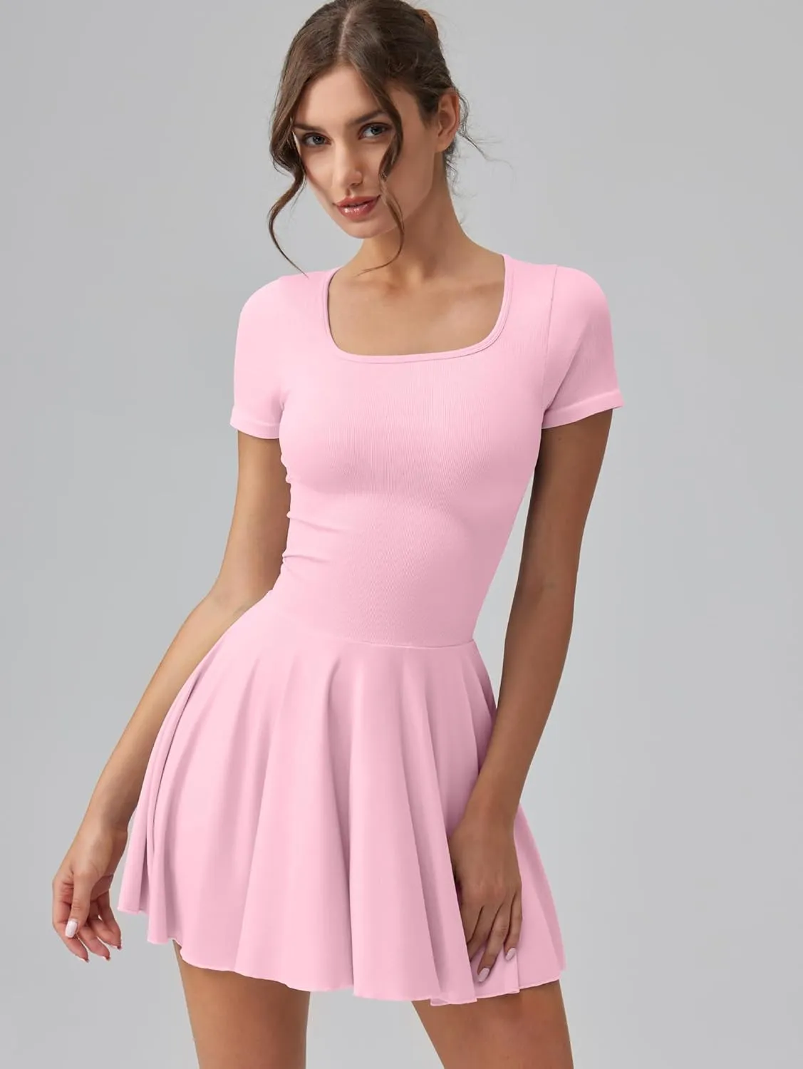OQQ Women's Square Neck Ruffle Hem Mini Dress Summer Short Sleeve with Shorts Party Dresses