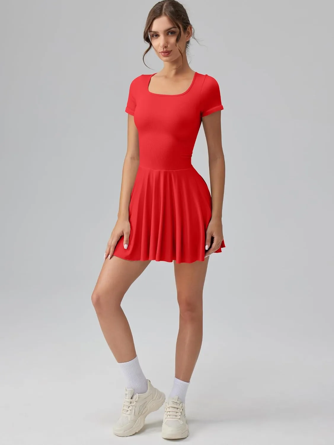 OQQ Women's Square Neck Ruffle Hem Mini Dress Summer Short Sleeve with Shorts Party Dresses