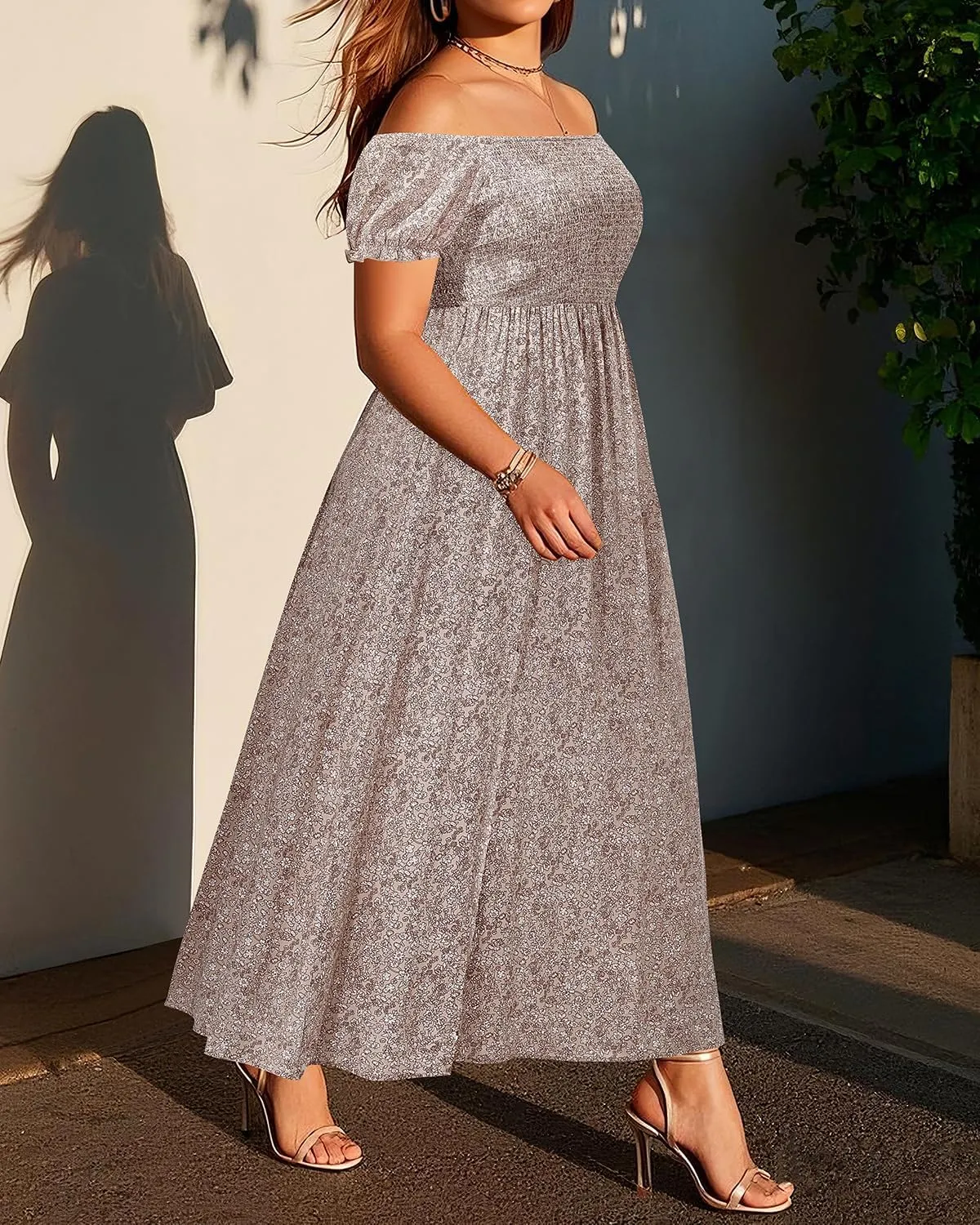Plus Size Summer Dresses - Boho Casual Off Shoulder Floral Long Maxi Dress with Pockets