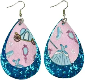 Princess Themed Teardrop Earrings, Pink and Blue Glitter, Fairy Tale Design for Women/Adults. Cinderella Style Drop and Dangle Earrings