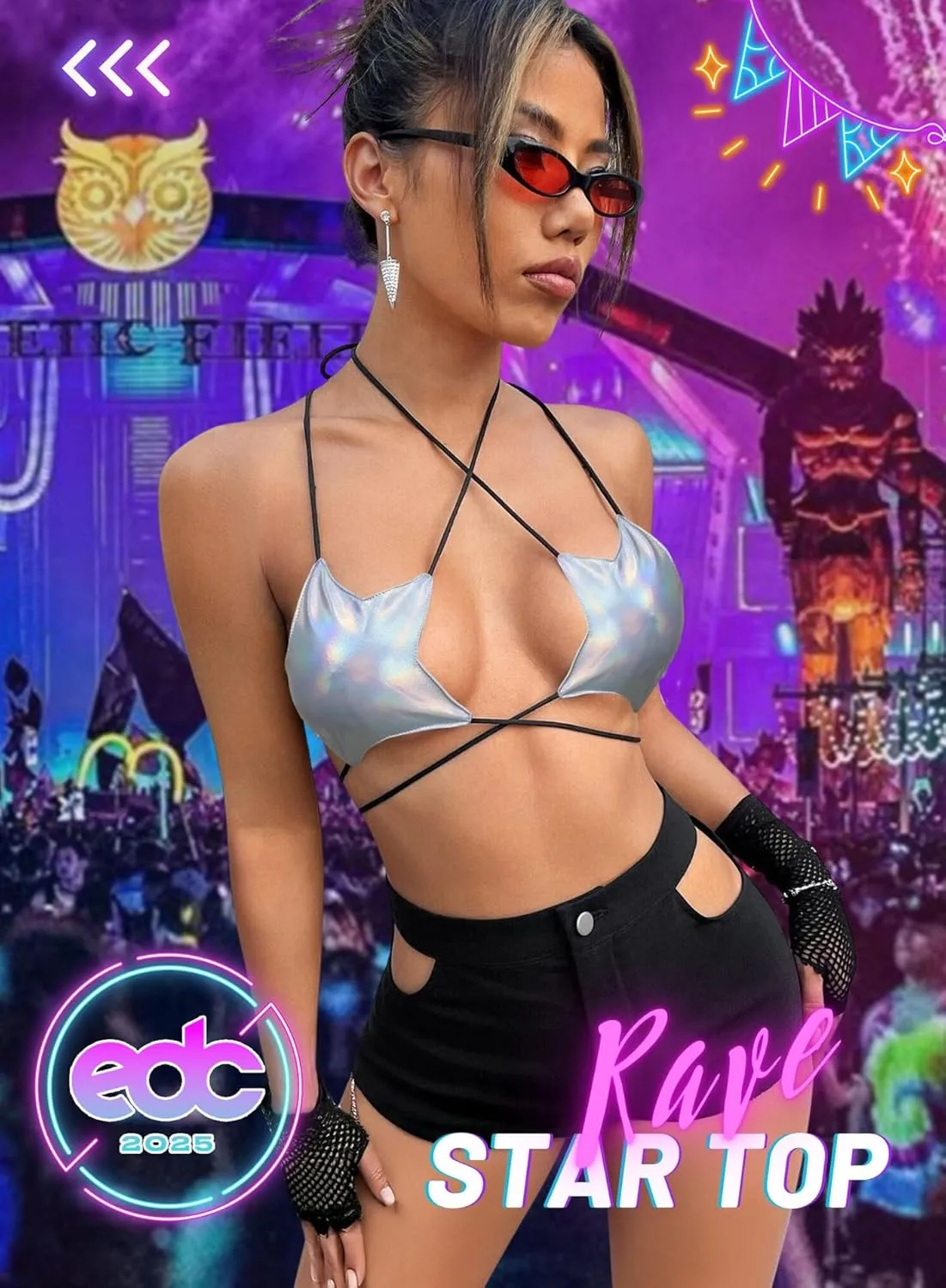 Rave Star Top for Women - EDC Festival Sexy Halter Party Dance Bra Backless Strappy Crisscross Wrap Tie Outfits