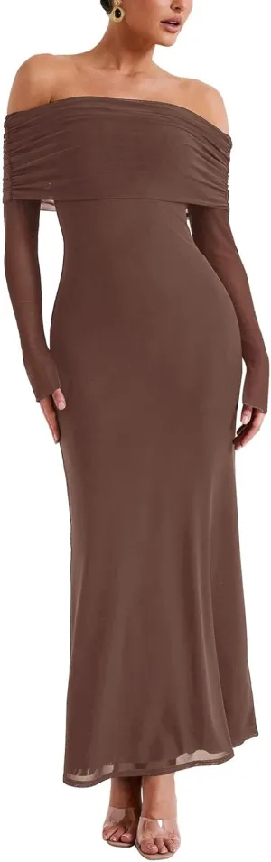 REORIA Women Off Shoulder Long Sleeve Dress Elegant Sexy Stretch Mesh Double Lined Slim Trendy Long Dresses