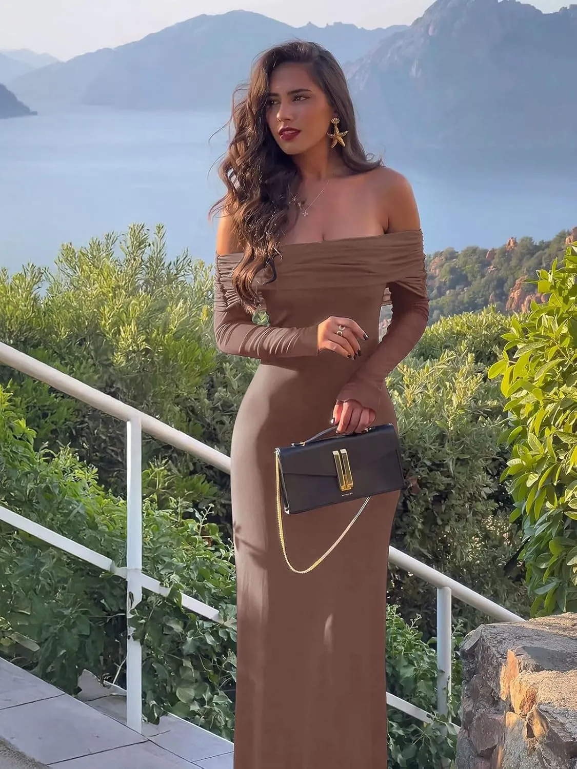 REORIA Women Off Shoulder Long Sleeve Dress Elegant Sexy Stretch Mesh Double Lined Slim Trendy Long Dresses