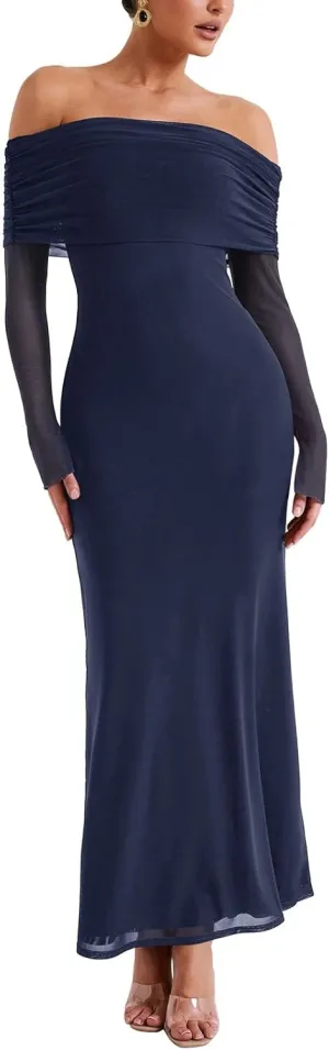REORIA Women Off Shoulder Long Sleeve Dress Elegant Sexy Stretch Mesh Double Lined Slim Trendy Long Dresses