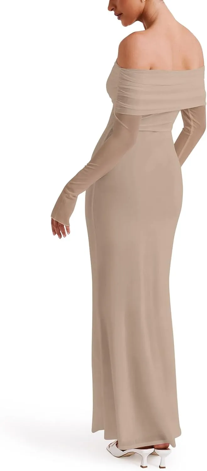 REORIA Women Off Shoulder Long Sleeve Dress Elegant Sexy Stretch Mesh Double Lined Slim Trendy Long Dresses