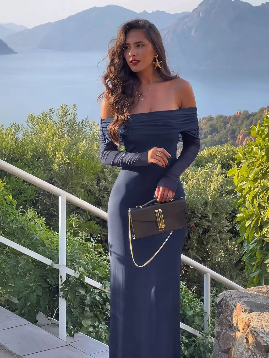 REORIA Women Off Shoulder Long Sleeve Dress Elegant Sexy Stretch Mesh Double Lined Slim Trendy Long Dresses
