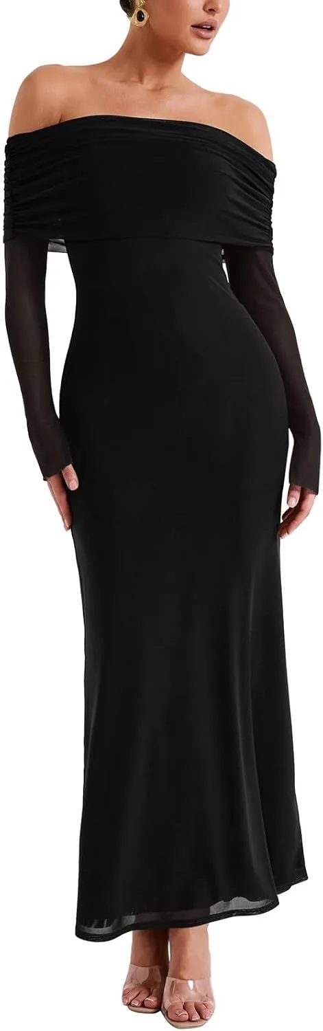 REORIA Women Off Shoulder Long Sleeve Dress Elegant Sexy Stretch Mesh Double Lined Slim Trendy Long Dresses