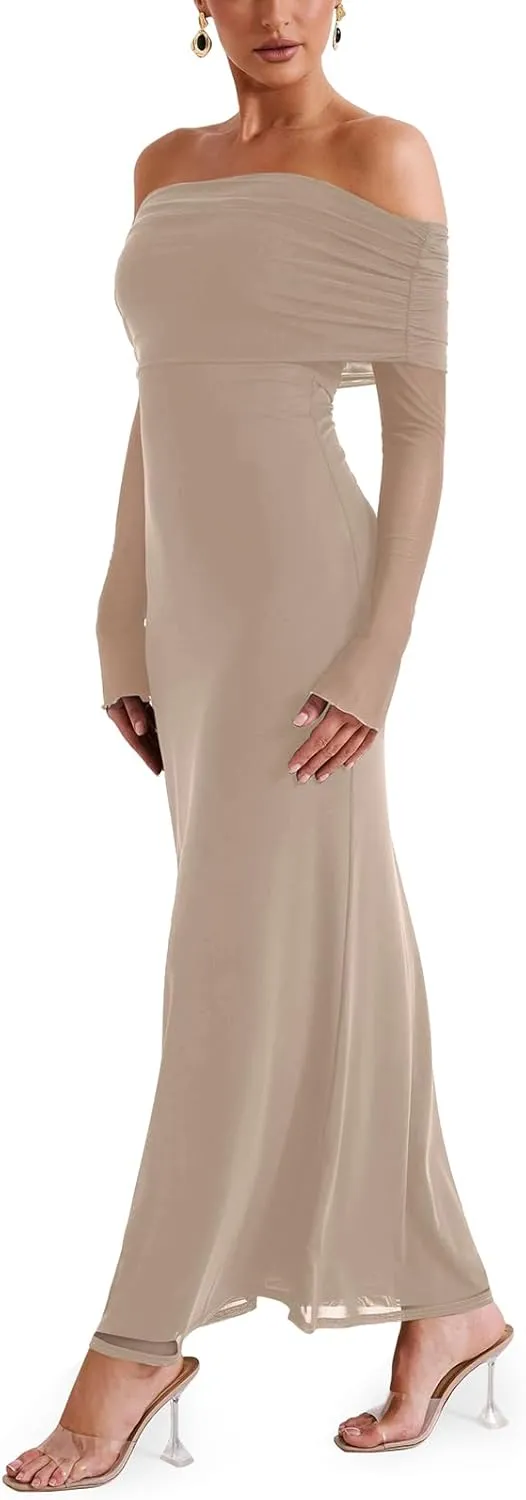 REORIA Women Off Shoulder Long Sleeve Dress Elegant Sexy Stretch Mesh Double Lined Slim Trendy Long Dresses