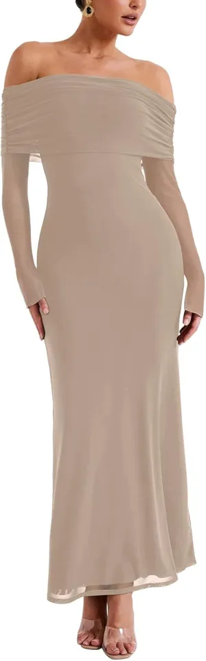 REORIA Women Off Shoulder Long Sleeve Dress Elegant Sexy Stretch Mesh Double Lined Slim Trendy Long Dresses