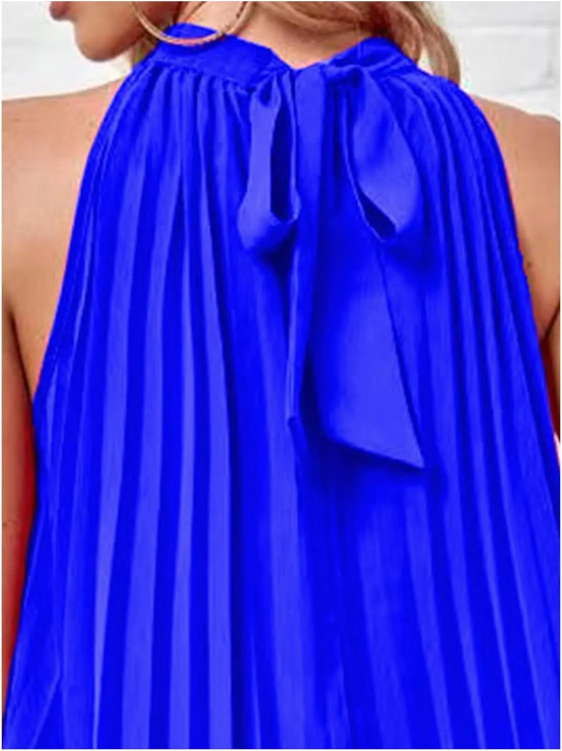 SEMATOMALA Women's Halter Neck Pleated Short Dress Sleeveless Tie Back Swing Mini Dress Casual A Line Flowy Dress