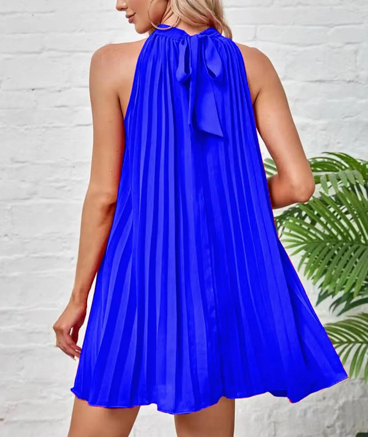 SEMATOMALA Women's Halter Neck Pleated Short Dress Sleeveless Tie Back Swing Mini Dress Casual A Line Flowy Dress