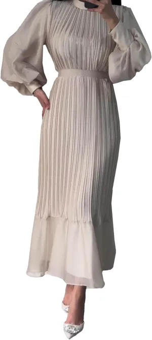 Sexyshine Women's Mock Neck Long Sleeve Full Pleated Chiffon Maxi Dress High Waist Belted A Line Cocktail Party Long Dress