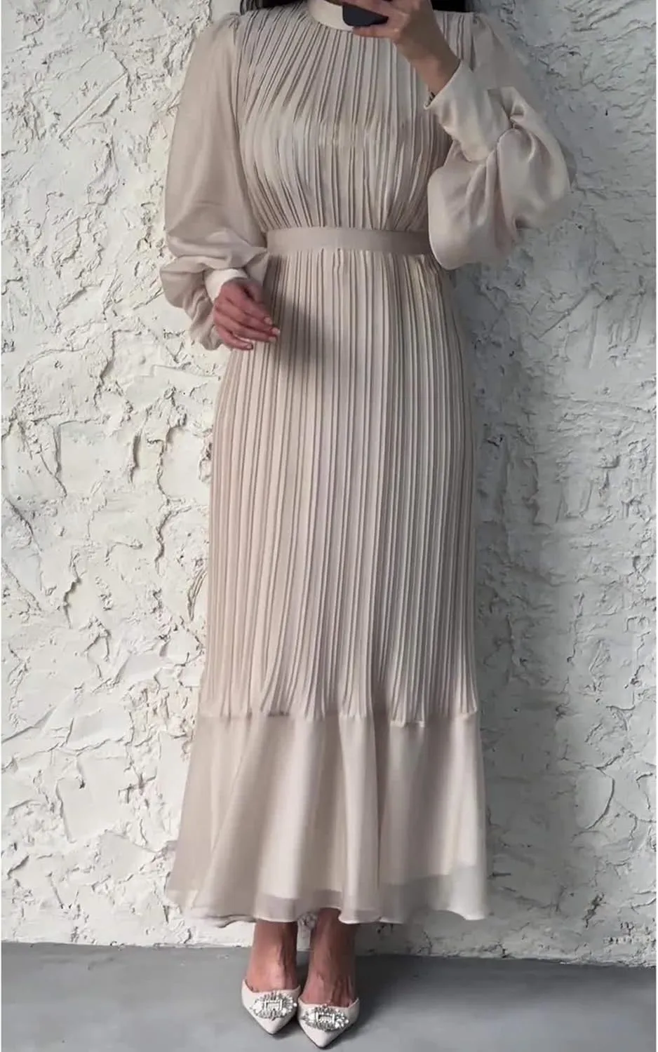 Sexyshine Women's Mock Neck Long Sleeve Full Pleated Chiffon Maxi Dress High Waist Belted A Line Cocktail Party Long Dress
