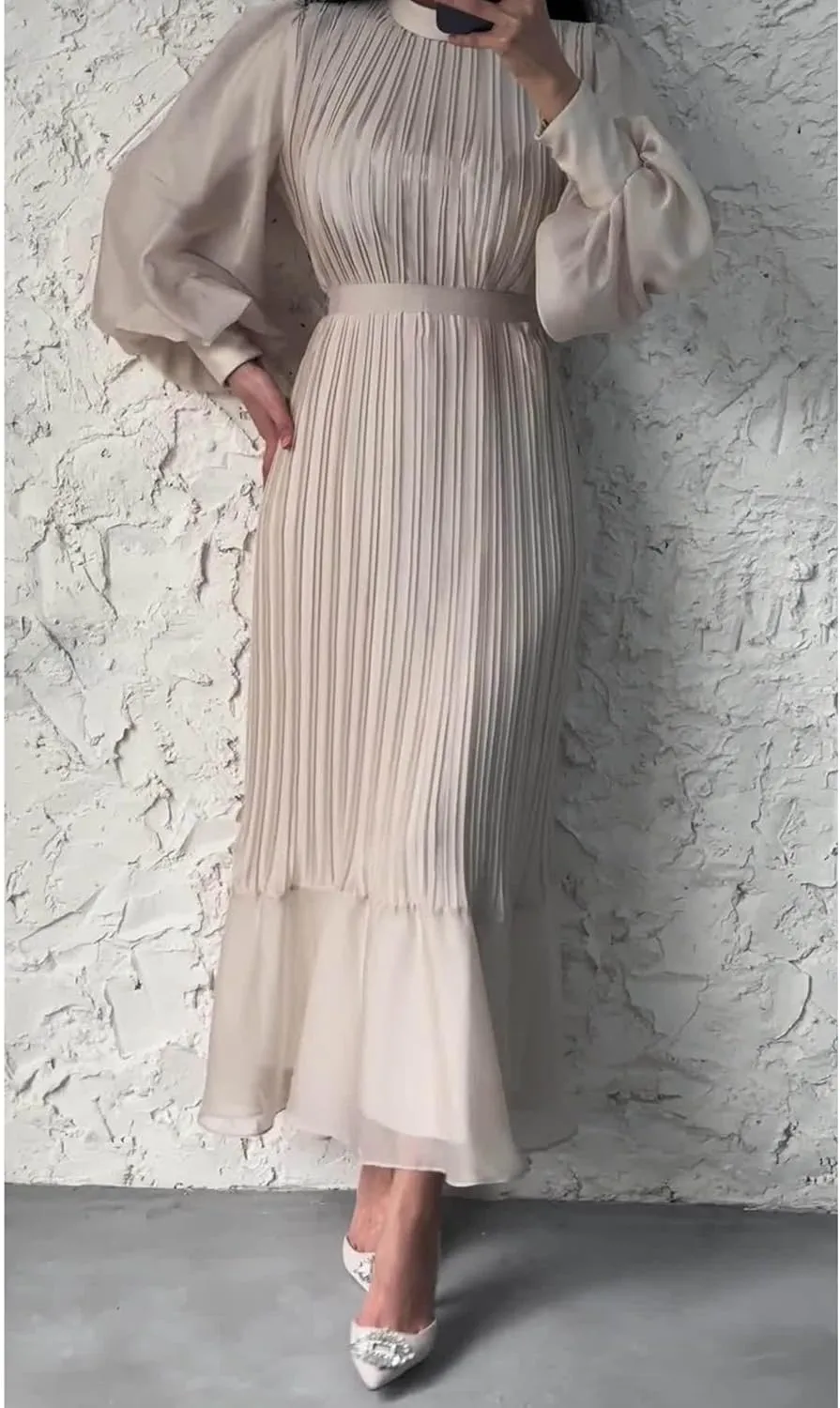 Sexyshine Women's Mock Neck Long Sleeve Full Pleated Chiffon Maxi Dress High Waist Belted A Line Cocktail Party Long Dress