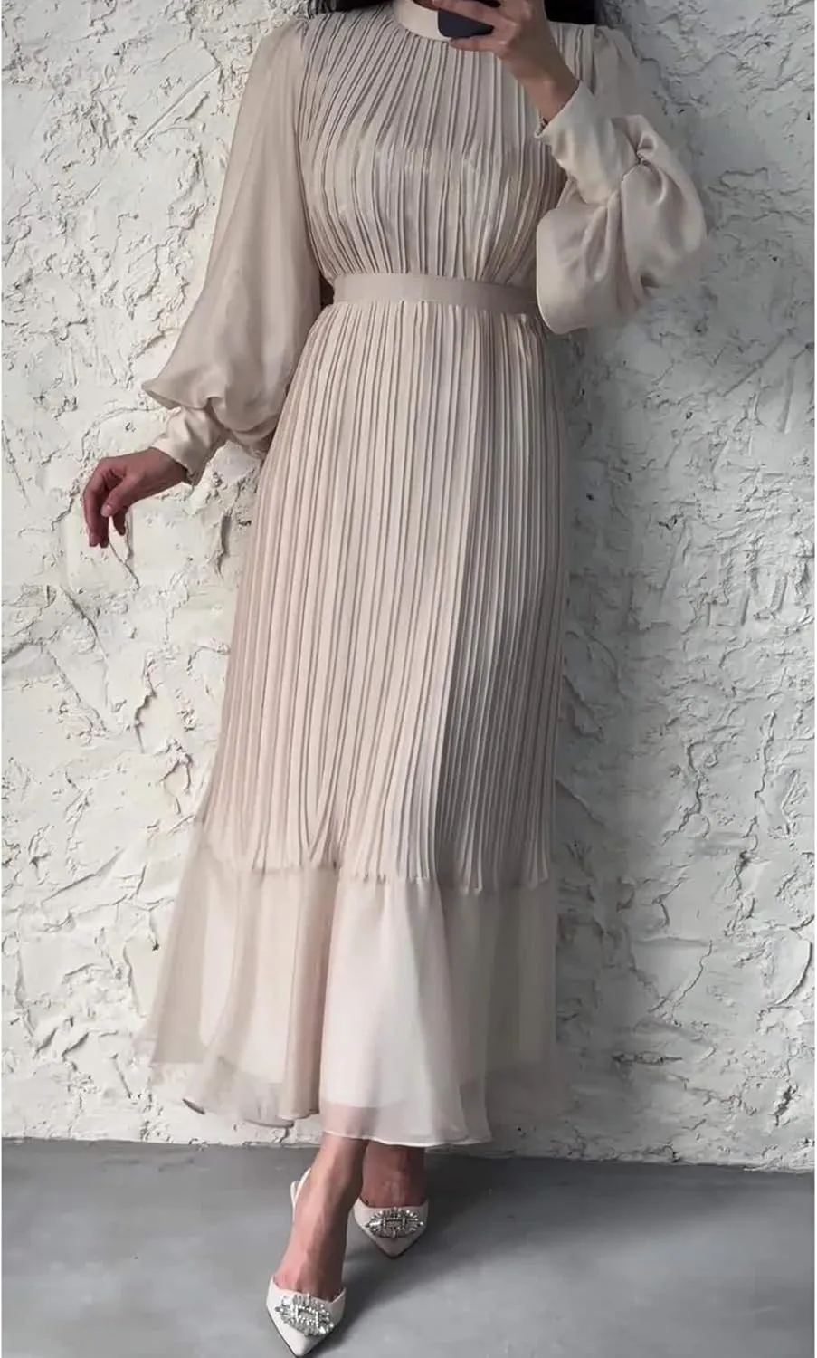Sexyshine Women's Mock Neck Long Sleeve Full Pleated Chiffon Maxi Dress High Waist Belted A Line Cocktail Party Long Dress