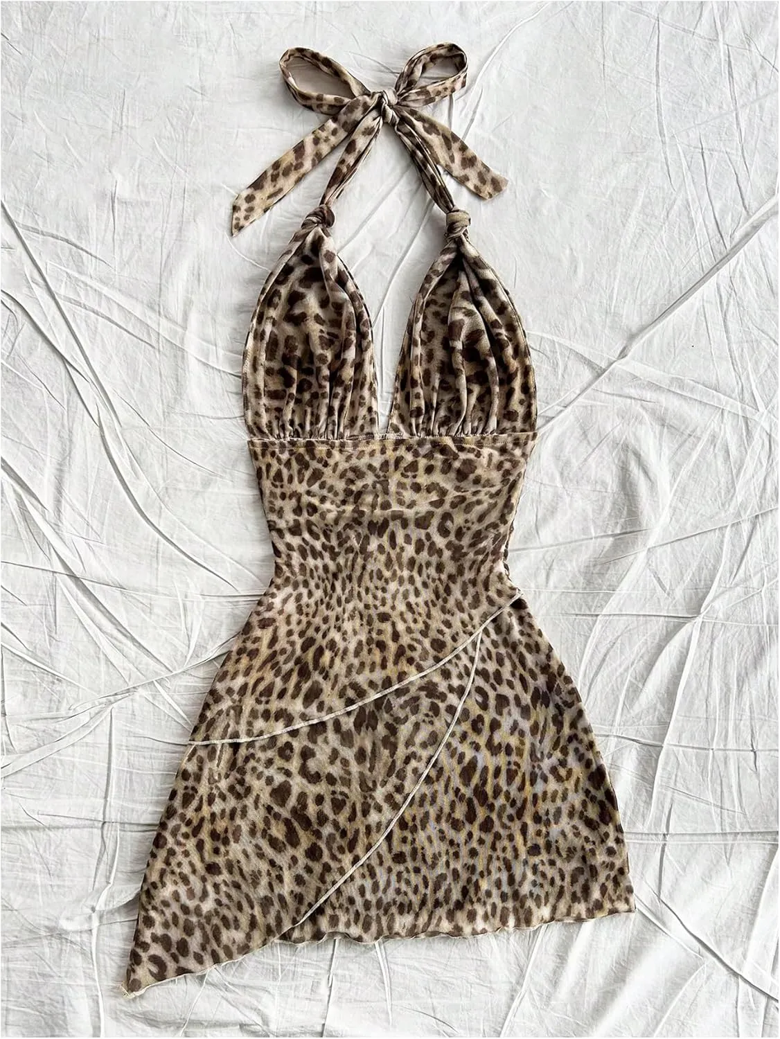 SOLY HUX Women's Sexy Leopard Print Halter V Neck Mini Dress Retro Backless Fitted Bodycon Dresses