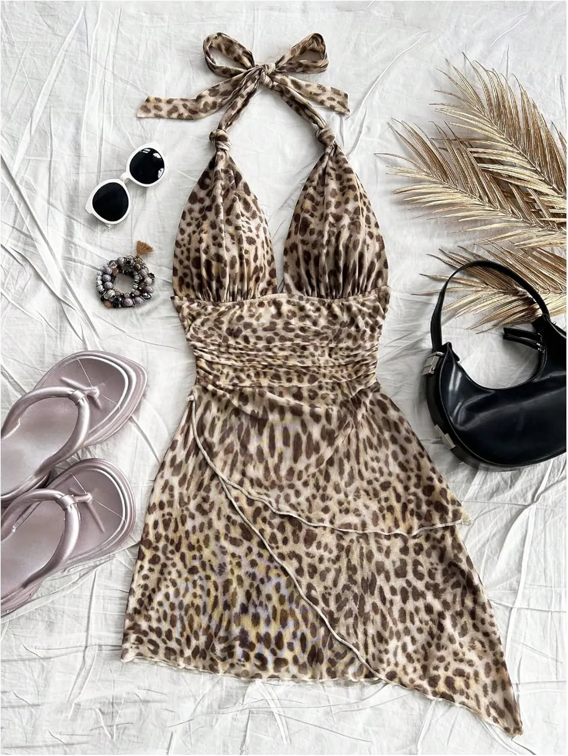 SOLY HUX Women's Sexy Leopard Print Halter V Neck Mini Dress Retro Backless Fitted Bodycon Dresses