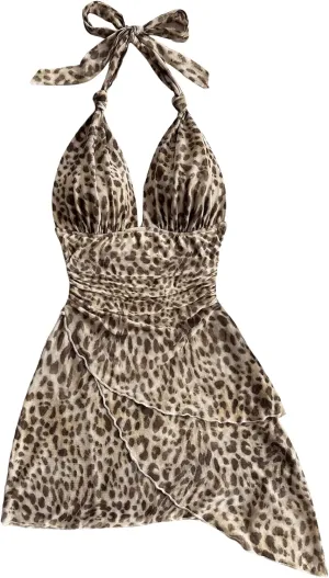 SOLY HUX Women's Sexy Leopard Print Halter V Neck Mini Dress Retro Backless Fitted Bodycon Dresses