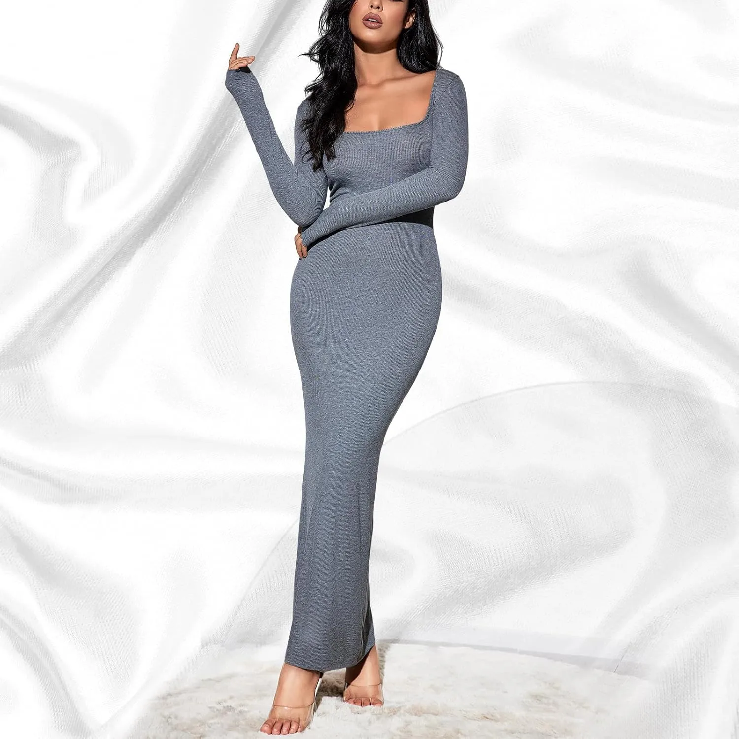 Square Neck Long Sleeve Maxi Dress for Women's Ribbed Bodycon Dresses Soft Lounge Maxi Dress