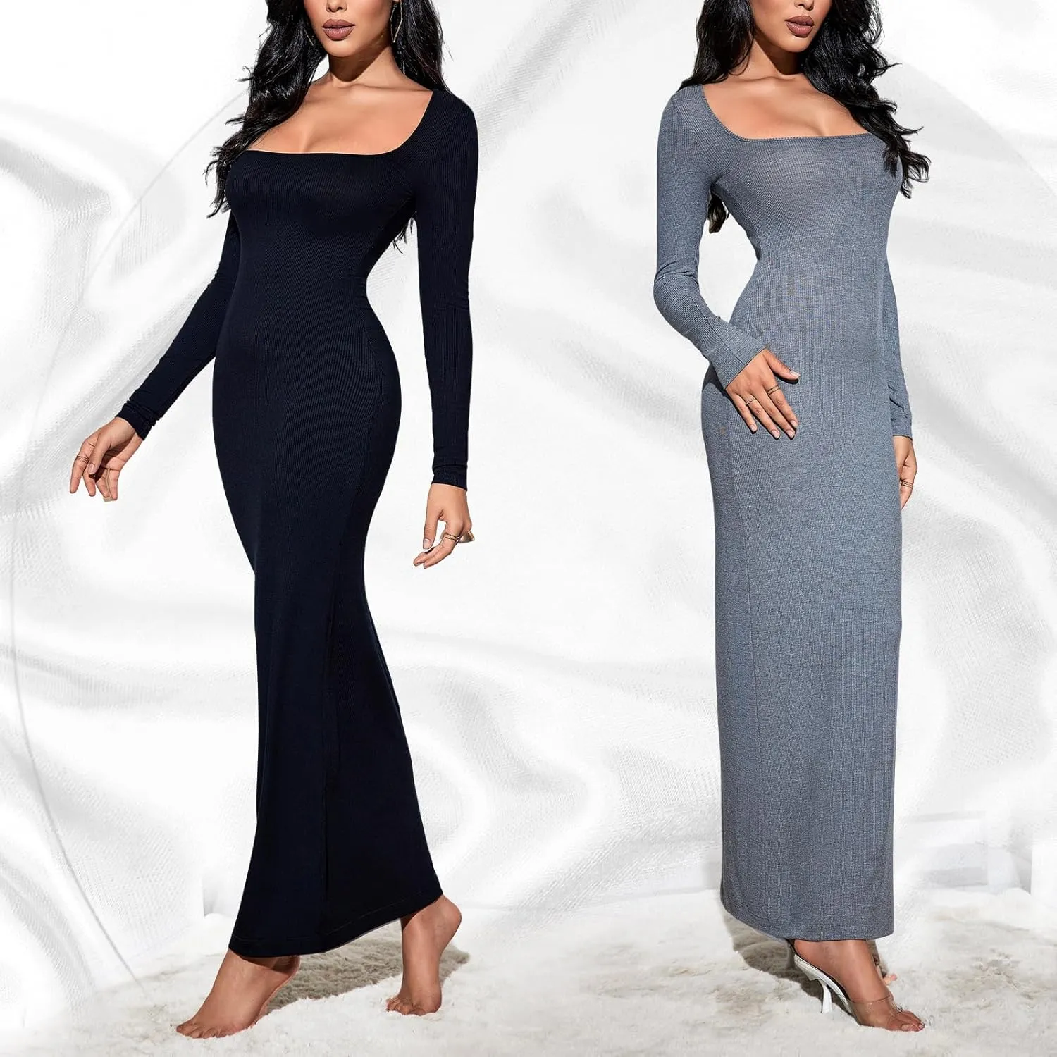 Square Neck Long Sleeve Maxi Dress for Women's Ribbed Bodycon Dresses Soft Lounge Maxi Dress