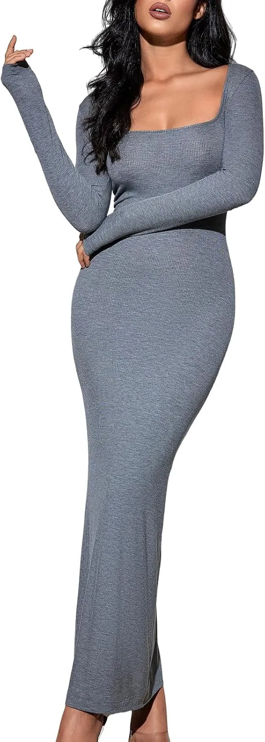 Square Neck Long Sleeve Maxi Dress for Women's Ribbed Bodycon Dresses Soft Lounge Maxi Dress