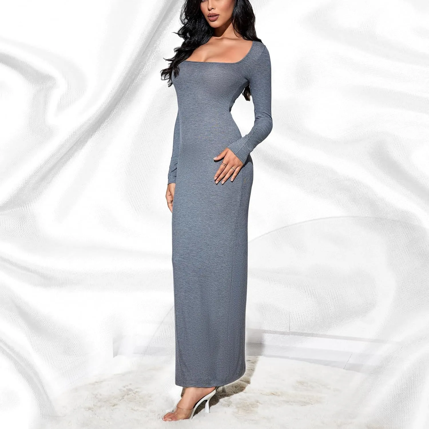 Square Neck Long Sleeve Maxi Dress for Women's Ribbed Bodycon Dresses Soft Lounge Maxi Dress