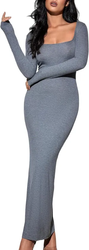 Square Neck Long Sleeve Maxi Dress for Women's Ribbed Bodycon Dresses Soft Lounge Maxi Dress