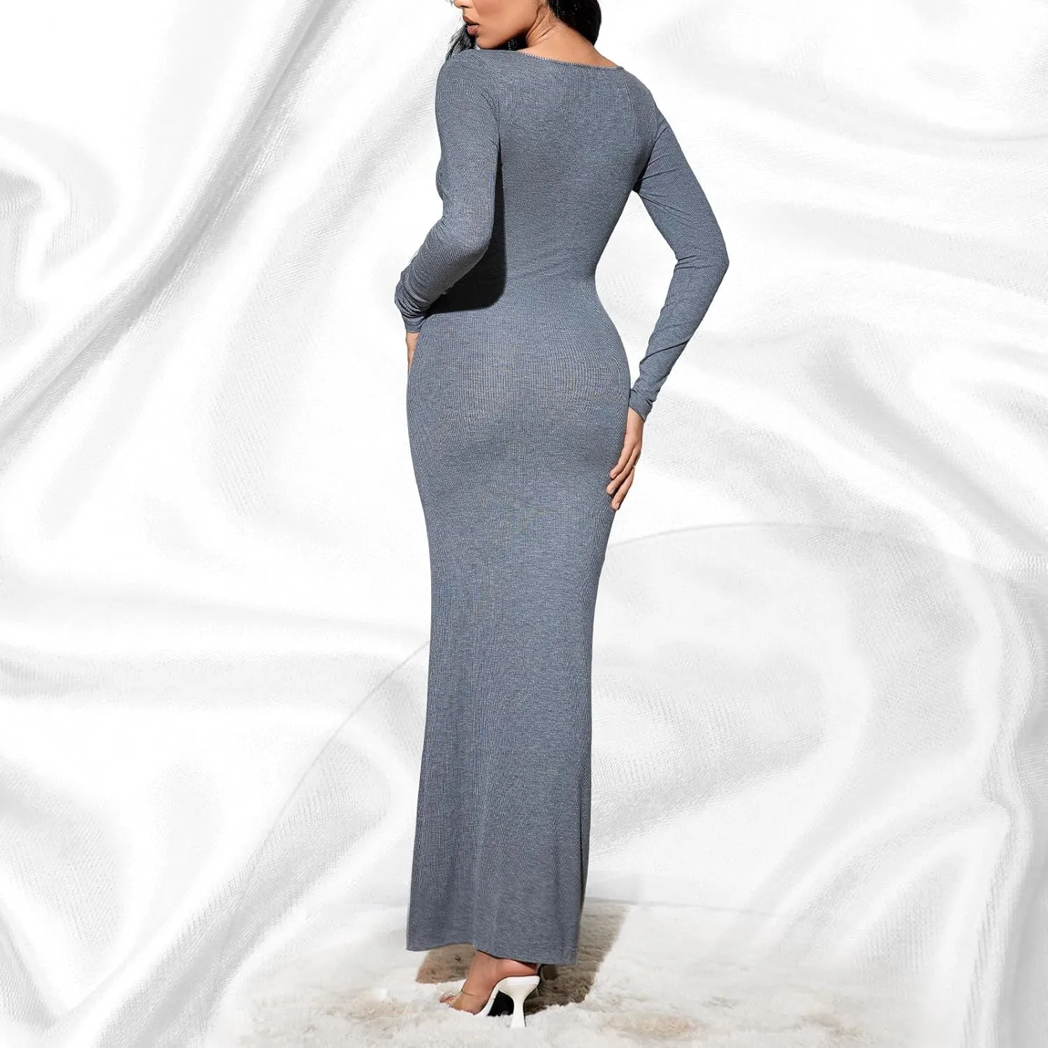 Square Neck Long Sleeve Maxi Dress for Women's Ribbed Bodycon Dresses Soft Lounge Maxi Dress