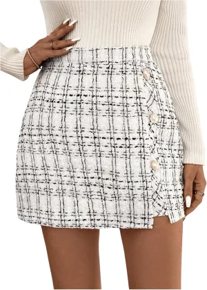 SweatyRocks Women's Elegant High Waist A-line Plaid Tweed Mini Skirt
