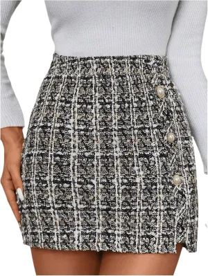 SweatyRocks Women's Elegant High Waist A-line Plaid Tweed Mini Skirt
