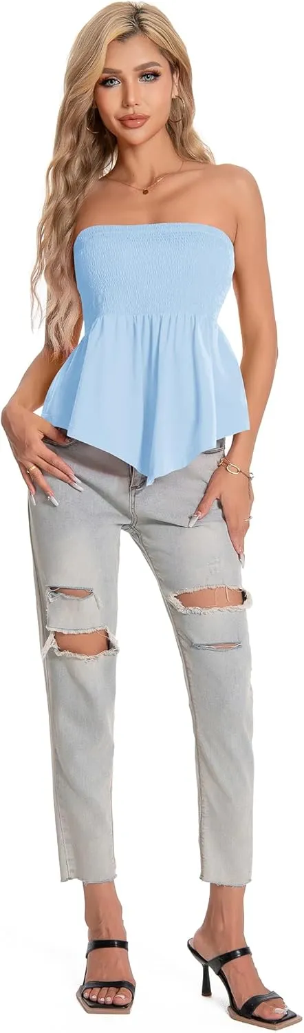 TAIPOVE Tube Tops for Women Smocked Summer Strapless Bandeau Shirts Ruffle Hem Cute Crop Peplum Trendy Going Out Outfit