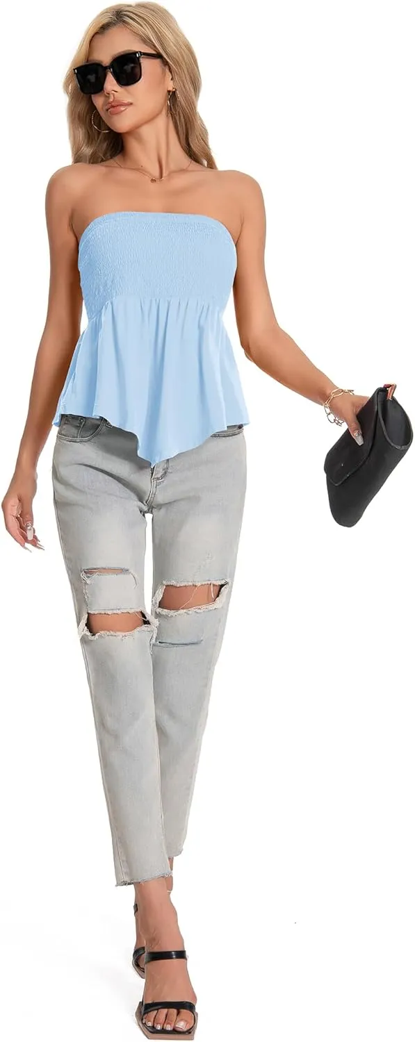 TAIPOVE Tube Tops for Women Smocked Summer Strapless Bandeau Shirts Ruffle Hem Cute Crop Peplum Trendy Going Out Outfit