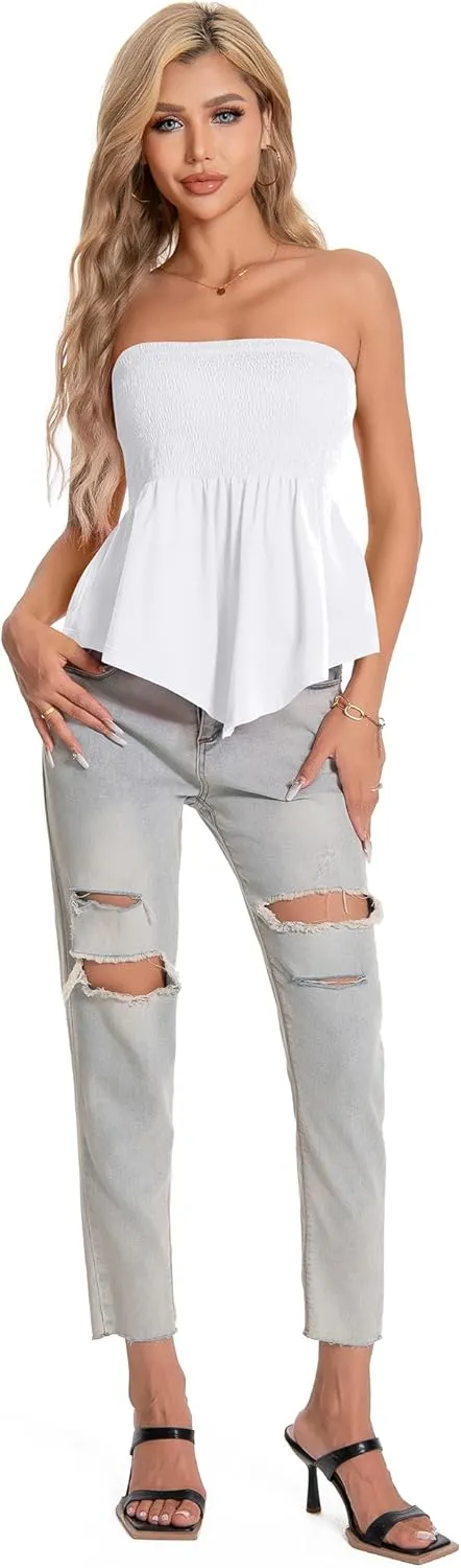TAIPOVE Tube Tops for Women Smocked Summer Strapless Bandeau Shirts Ruffle Hem Cute Crop Peplum Trendy Going Out Outfit