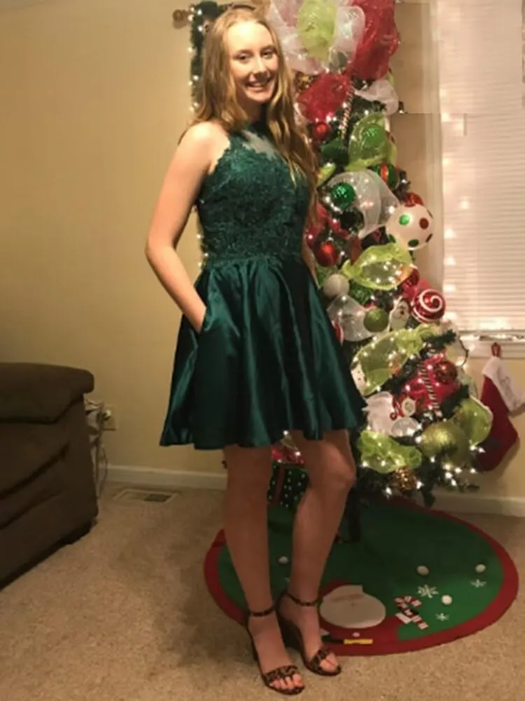 Tvuyet Lace-Applique Short Homecoming Dresses for Women with Pockets Satin Beaded Prom Cocktail Dress for Teens