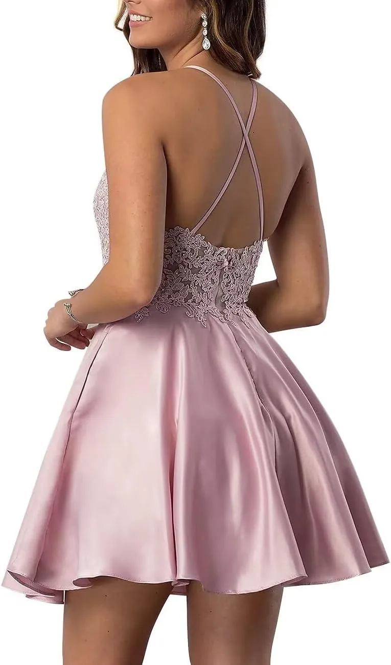 Tvuyet Lace-Applique Short Homecoming Dresses for Women with Pockets Satin Beaded Prom Cocktail Dress for Teens