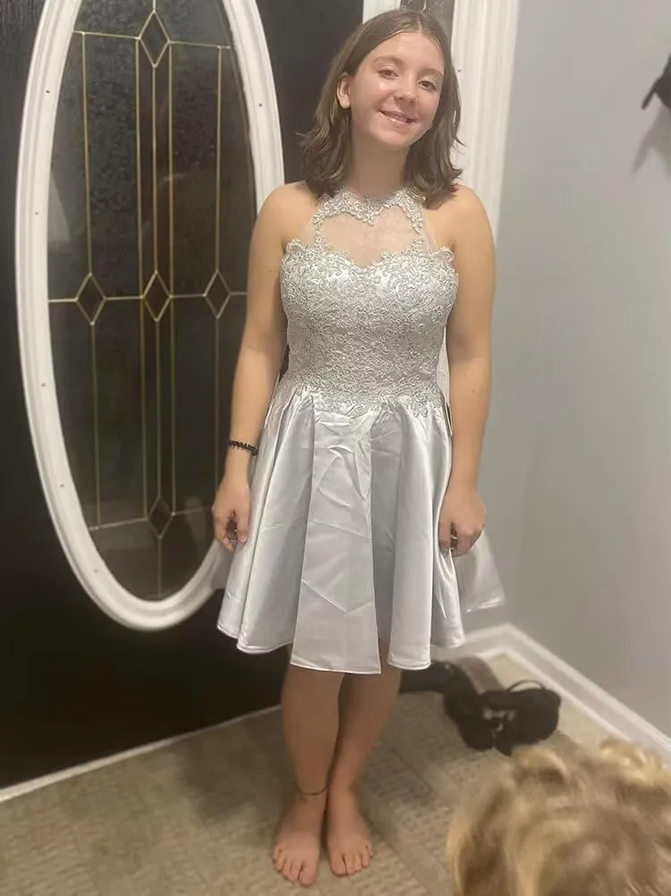Tvuyet Lace-Applique Short Homecoming Dresses for Women with Pockets Satin Beaded Prom Cocktail Dress for Teens