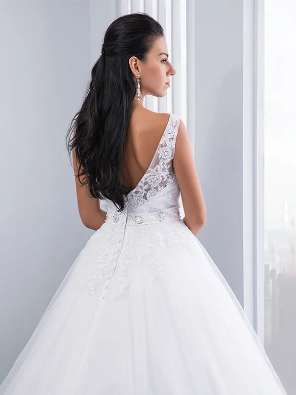 V-Neck Floral Lace White Wedding Dress
