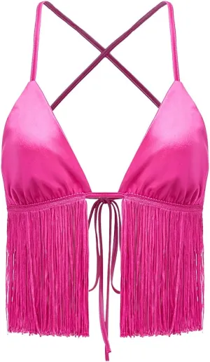 Verdusa Women's Crisscross Tie Backless Fringe Hem Sleeveless Satin Crop Cami Top