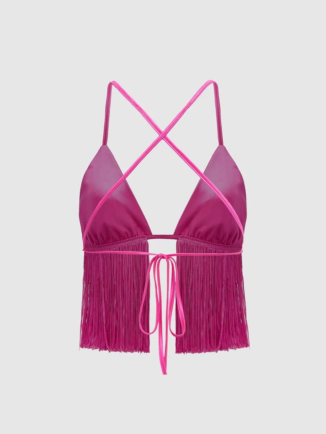 Verdusa Women's Crisscross Tie Backless Fringe Hem Sleeveless Satin Crop Cami Top