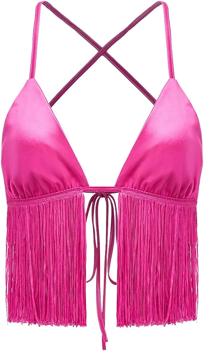 Verdusa Women's Crisscross Tie Backless Fringe Hem Sleeveless Satin Crop Cami Top