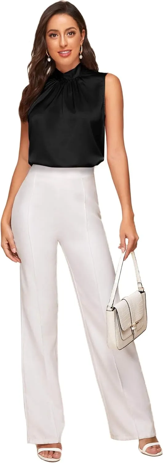 Verdusa Women's Elegant Tie Back Sleeveless Pleated Mock Neck Satin Blouse Top