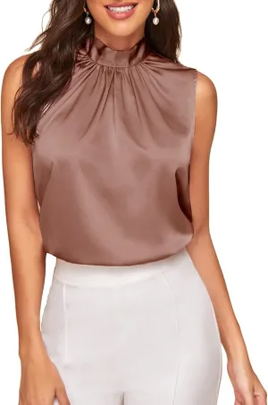 Verdusa Women's Elegant Tie Back Sleeveless Pleated Mock Neck Satin Blouse Top