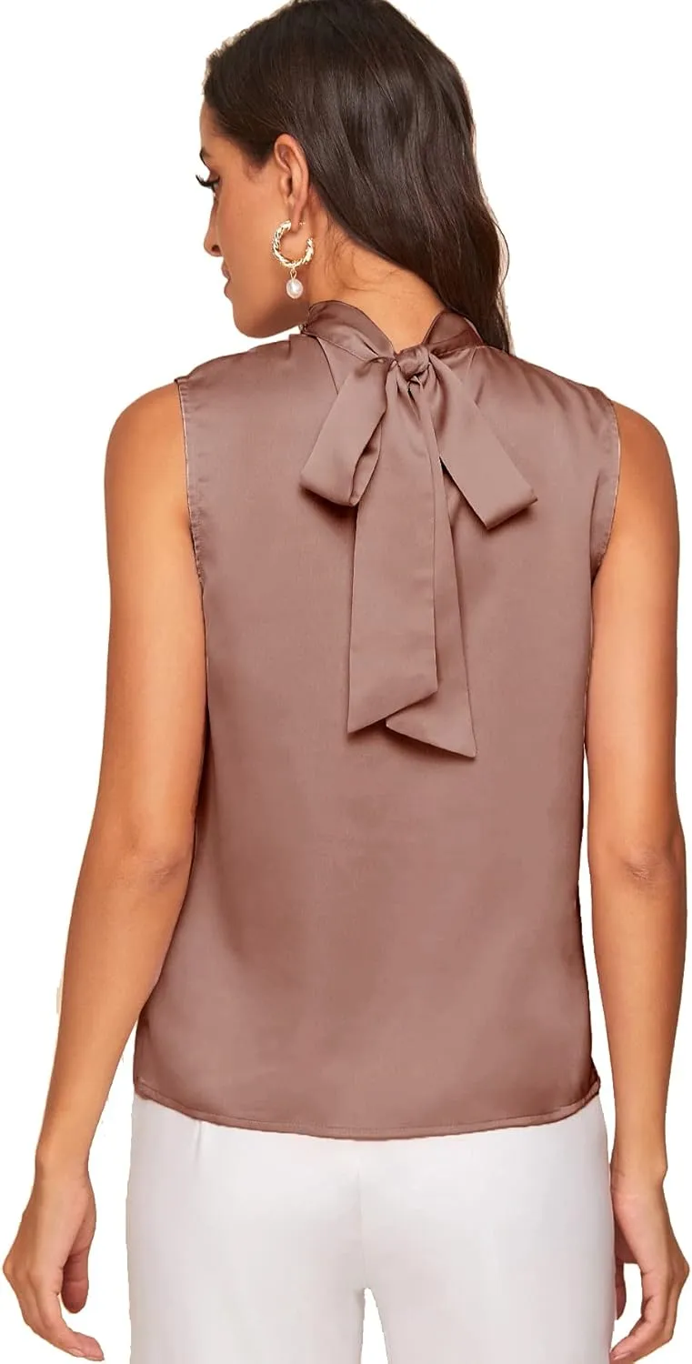 Verdusa Women's Elegant Tie Back Sleeveless Pleated Mock Neck Satin Blouse Top