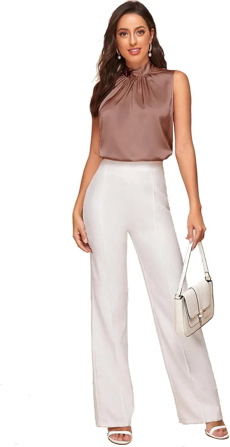Verdusa Women's Elegant Tie Back Sleeveless Pleated Mock Neck Satin Blouse Top