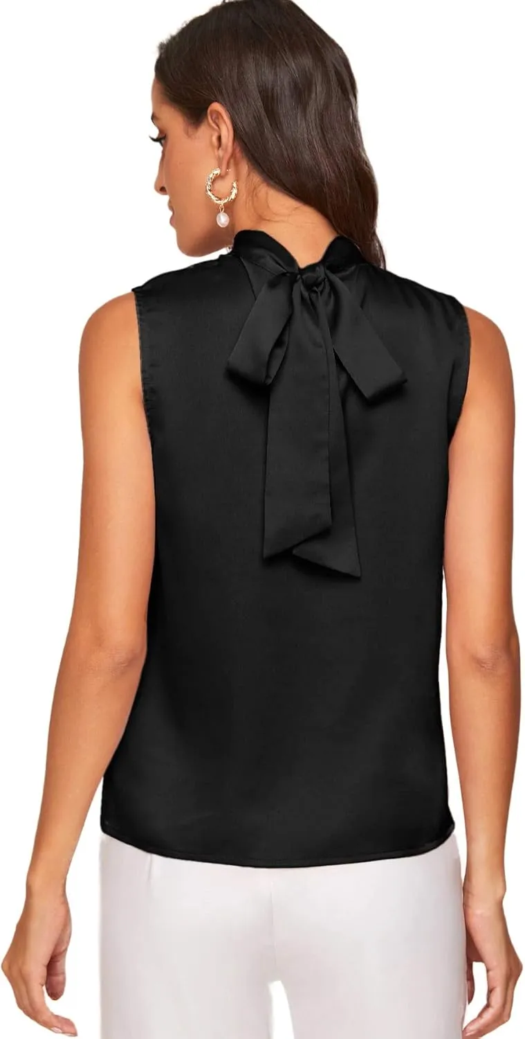 Verdusa Women's Elegant Tie Back Sleeveless Pleated Mock Neck Satin Blouse Top