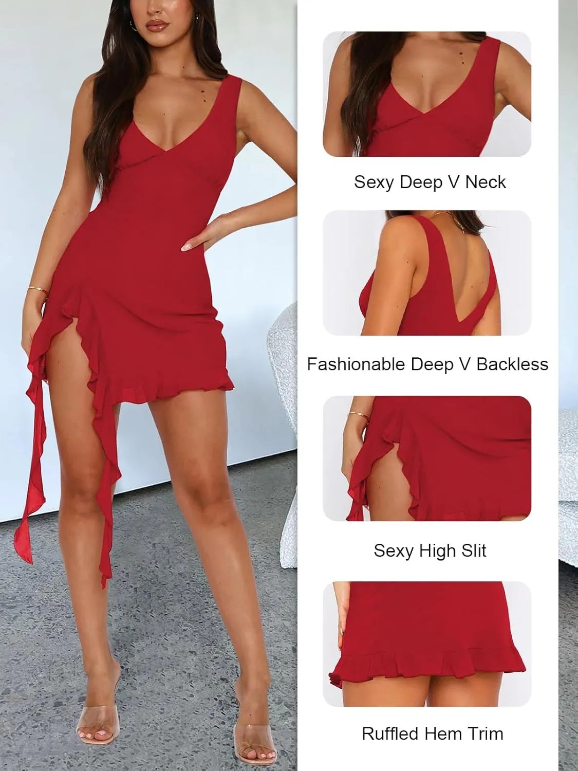 Women Sleeveless Sexy V Neck Bodycon Mini Dress Summer Side Slit Mesh Irregular Ruffle Hem Backless Short Dress